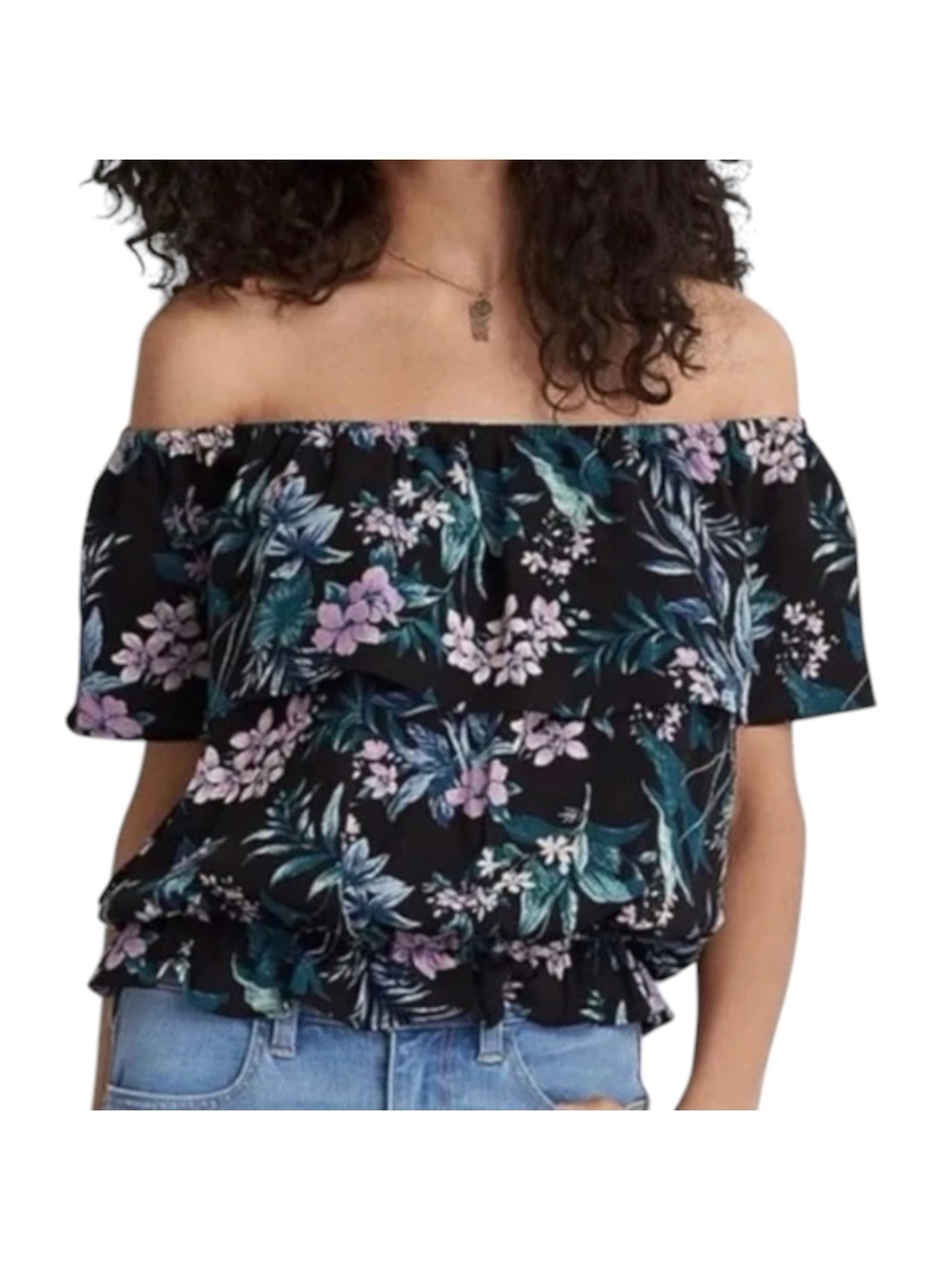 AMERICAN EAGLE Top Off Shoulder Ruffle Floral Tropical Beach Vacay Size Medium
